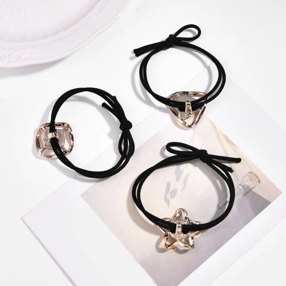 Geometric Glam Hair Tie Set of 3 – Triangle, Square & Star Accents in Gold Frame - Picture 3 of 5